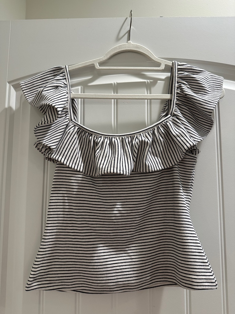 Maeve Black & White Striped Ruffle Top